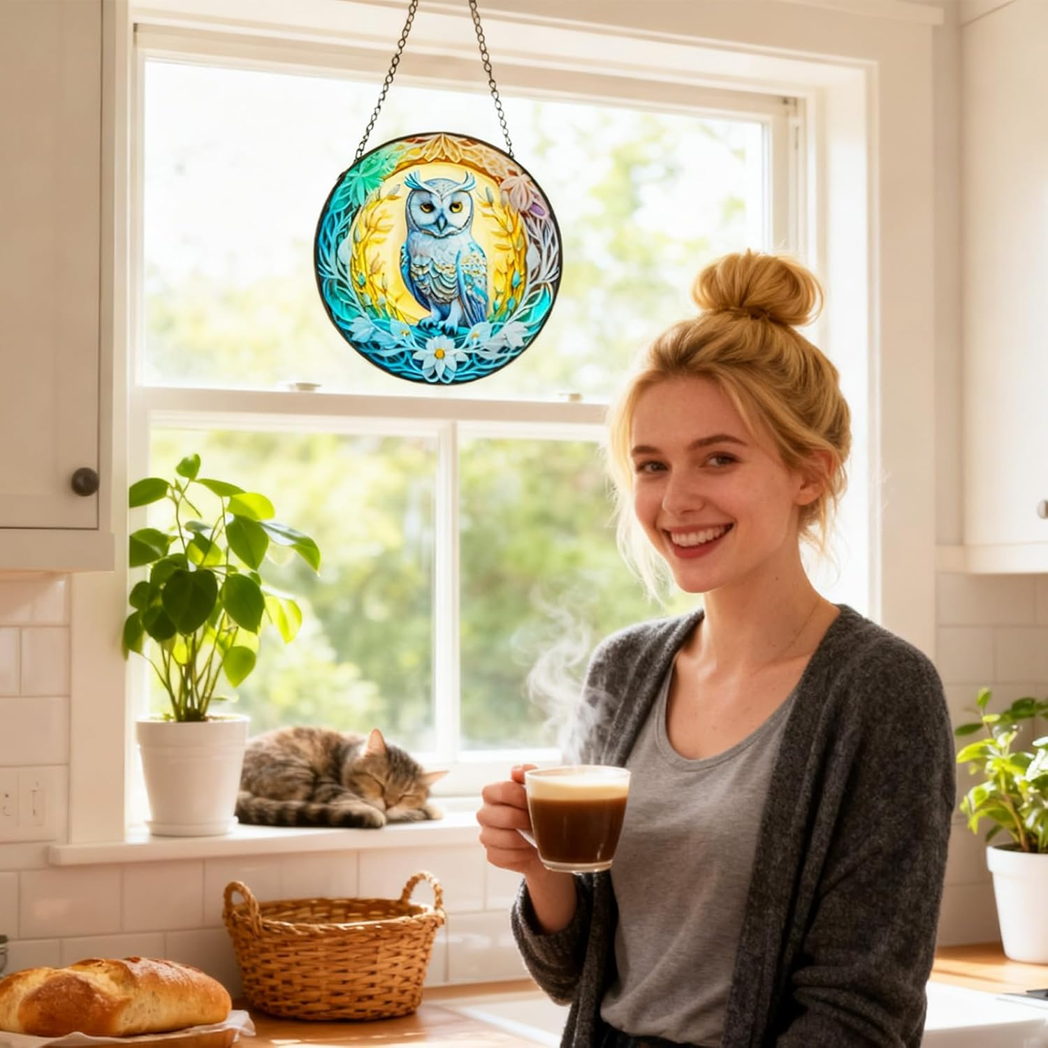 Owl Stained Glass Window Hanging,Colored Suncatchers, Christmas Ornaments,Suncatcher Gifts for Owl Lovers Decor for Home Garden (Style C) - Style C image number 5