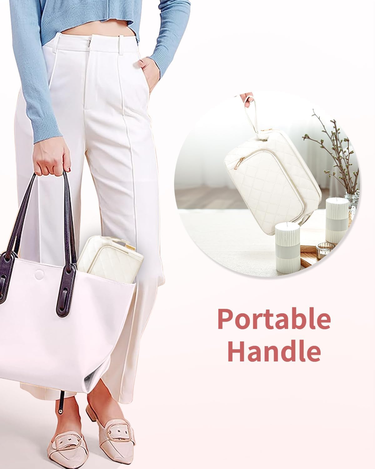 Wandering Nature Makeup Bag, Travel Make up Case, Makeup Organizer Bag with Handle, Back Pocket, (Beige) Patent Pending image number 2