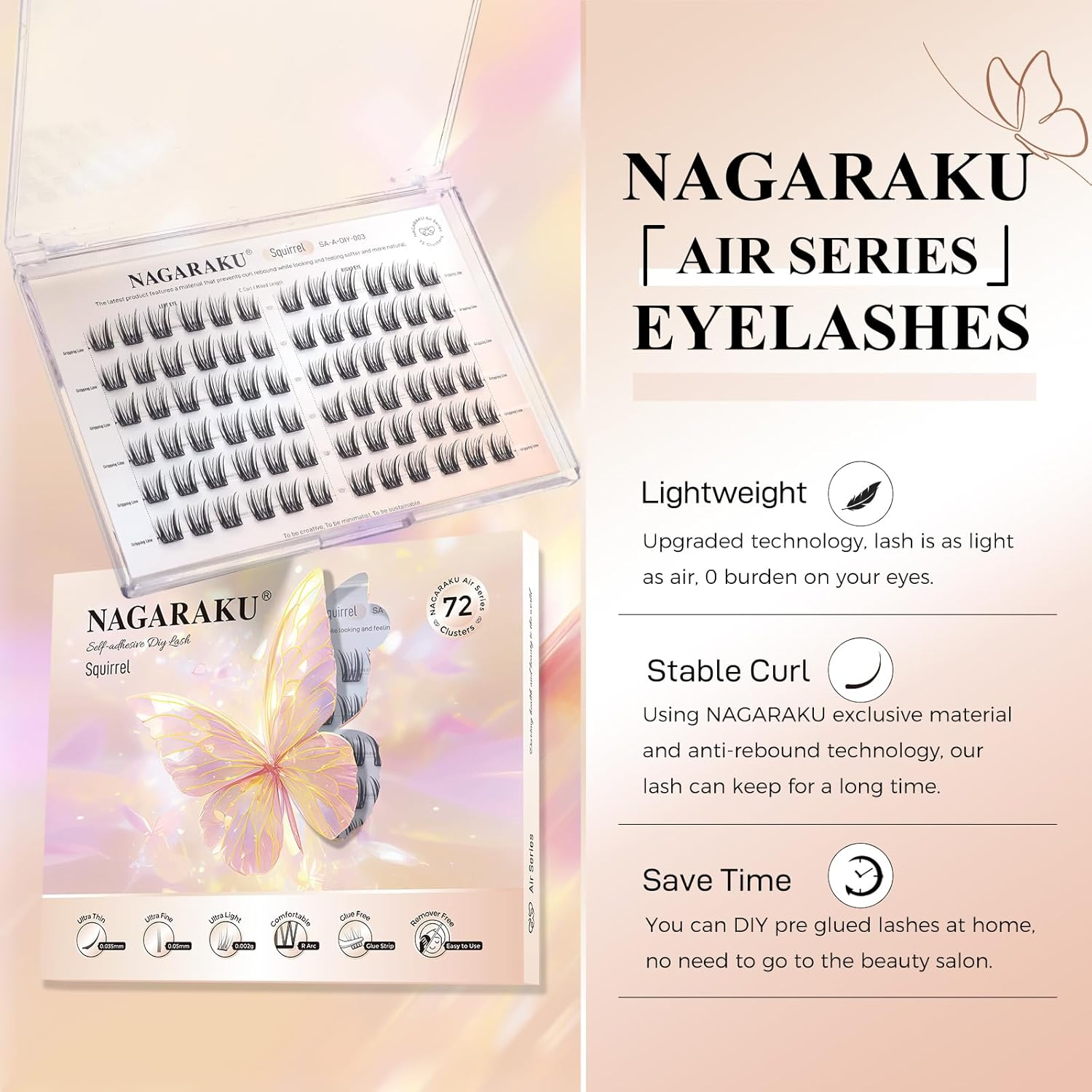 NAGARAKU Pre Glued Cluster Lashes Air Series Eyelashes Squirrel Style 72 Pcs No Glue Needed Pre-Bond Eyelashes Self Adhesive DIY Lashes（0.07Mm C Curl Mix Length) image number 3