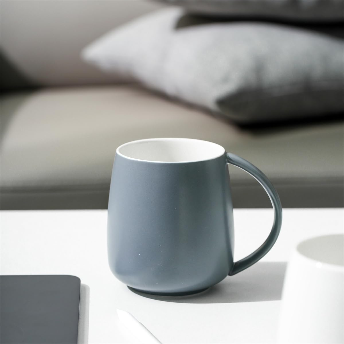 Classic Large Capacity Ceramic Belly Coffee Mugs 400Ml 14Oz Nordic Matte Finished Water Breakfast Toothbrush Egg Shaped Cup with Handle for Home Office Men Women (Gray) - Light Brown image number 7
