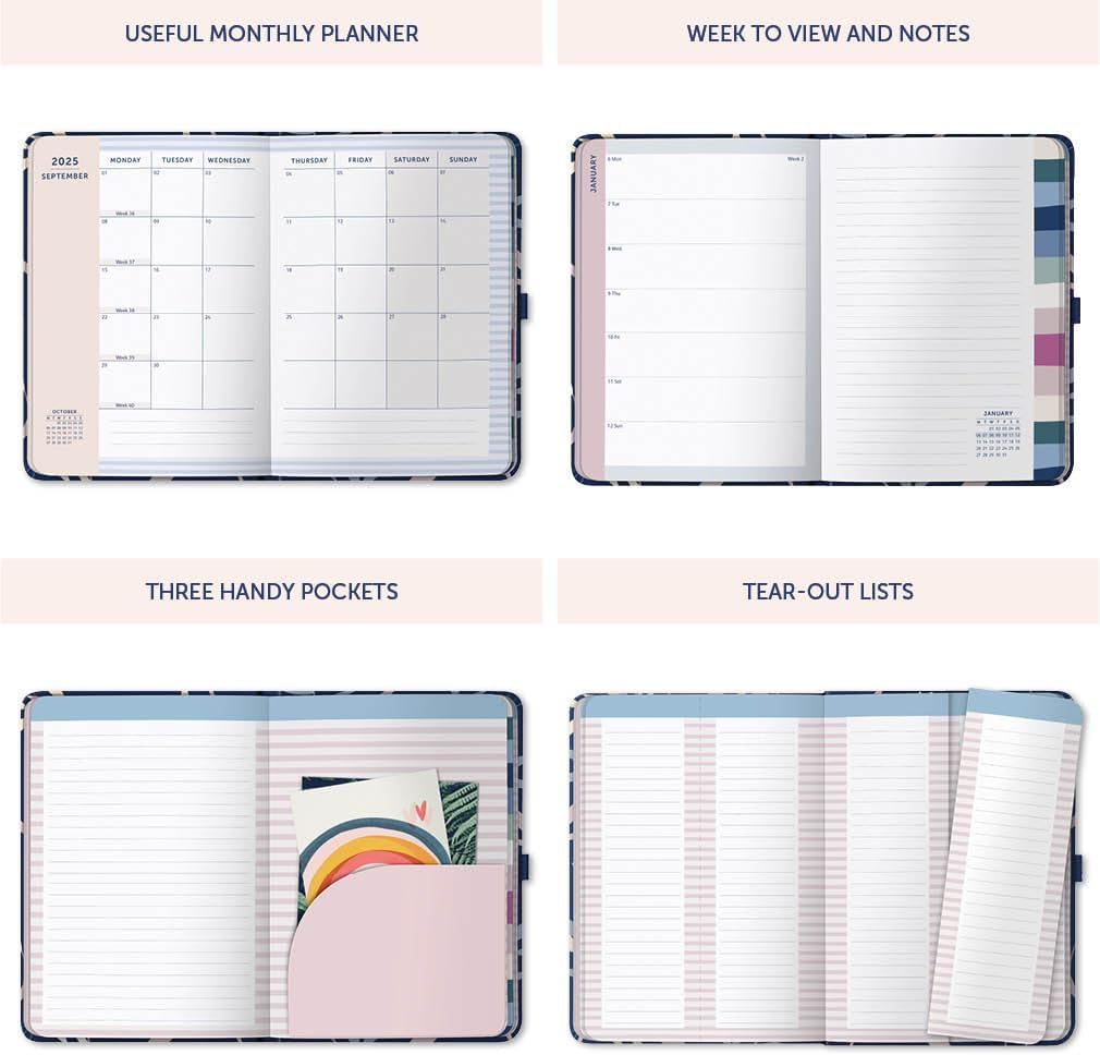 Busy B 2025 Diary - A5 Weekly Planner with To-Do Lists & Notes Pages &ndash; Work, School, Office Navy Floral Journal - Week-To-View Layout, 3 Pockets & Year Planner image number 4