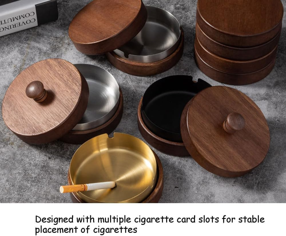 Wooden Ashtray with Lid, Portable Indoor Outdoor Ash Tray with Stainless Steel Liner for Home, Office, Balcony, Patio, Parties image number 1