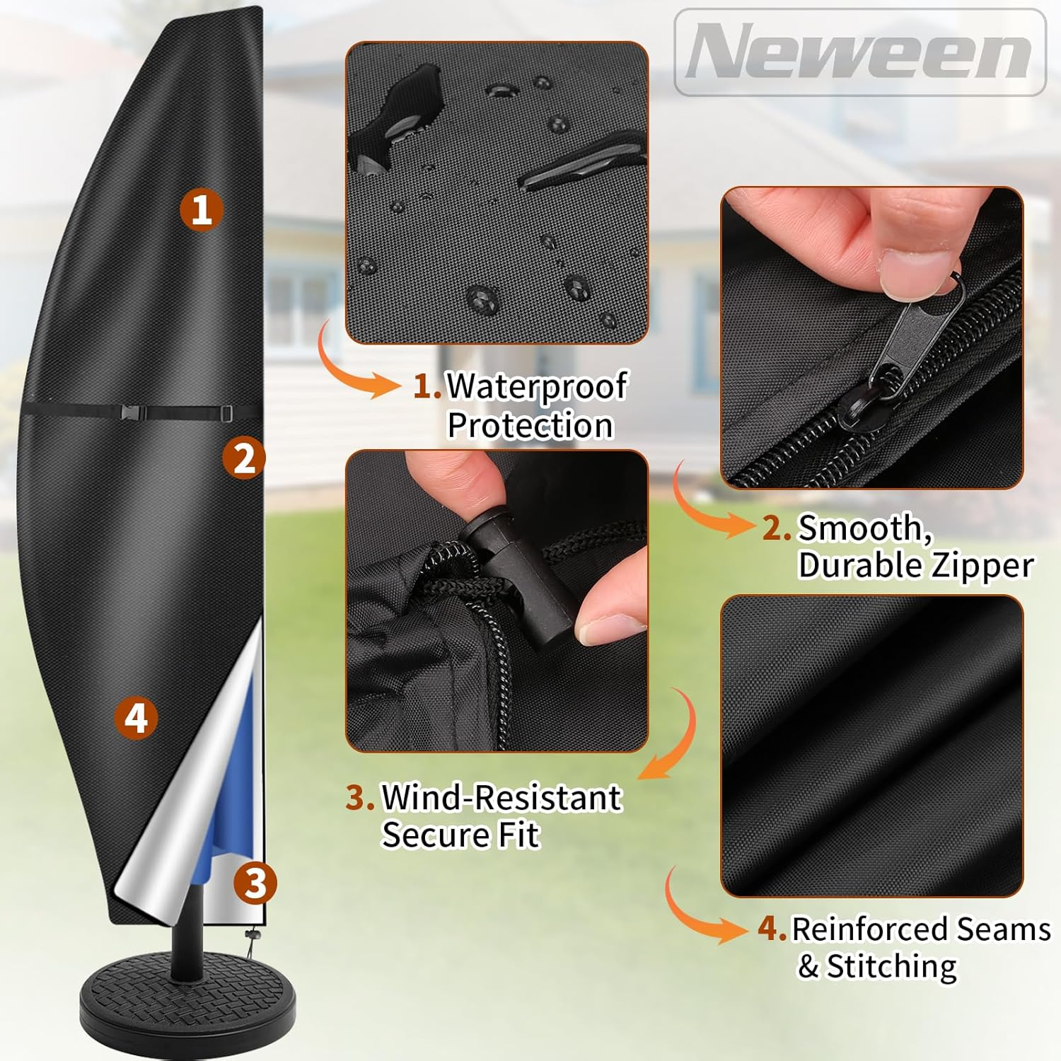 Neween Cantilever Parasol Cover with Rod, 210D Heavy Duty Waterproof Windproof Garden Offset Large Umbrella Cover with Zipper and Storage Bag Fit for 2.7-3.9M Outdoor Parasol (Black, 280X30/81/46Cm) image number 6