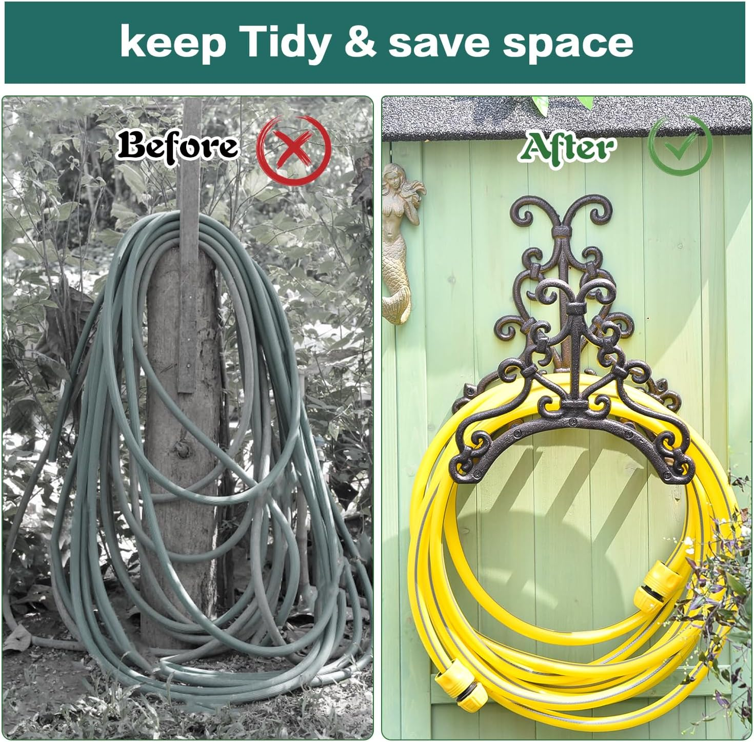 Sungmor Heavy Duty Cast Iron Garden Hose Holder - Wall Mounted Water Hose Hanger - European Vintage Pattern Decorative Hose Rack - Large Water Hose Bulter Storage - Indoor Outdoor Metal Hose Stand image number 4