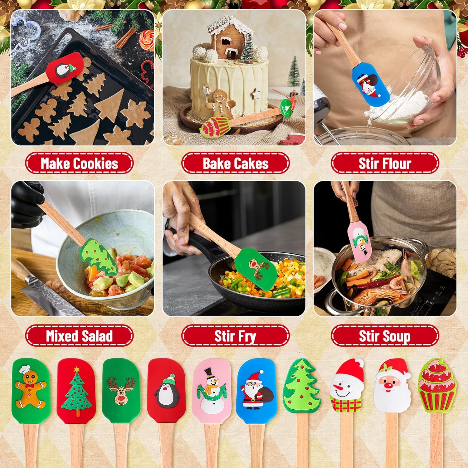 Whaline 10Pcs Christmas Silicone Spatula Xmas Tree Santa Spatula with Wooden Handle Xmas Snowman Dish Pan Scraper Cute Pancake Spatula with Tag & Ribbon for Kitchen Baking Mixing Cooking image number 2