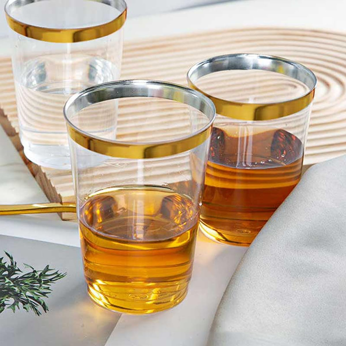 50 Pcs Plastic Tumbler Cups,10 OZ Clear Tumblers with Gold Rim,Reusable Elegant Party Cups for Holiday Gathering & Parties image number 2