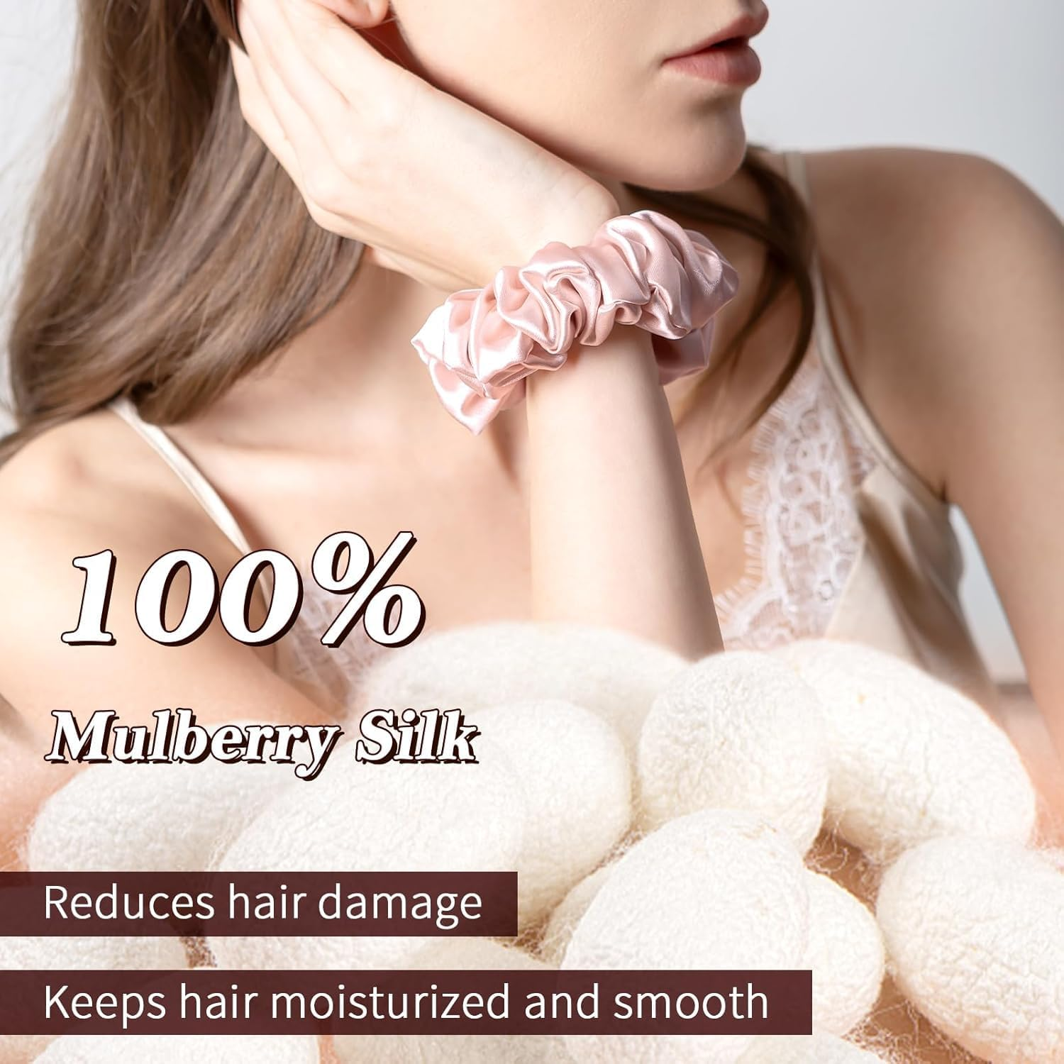 100% Mulberry Silk Scrunchies Hair Tie - No Damage, Prevents Frizz, 1 Pack (Pink) image number 4