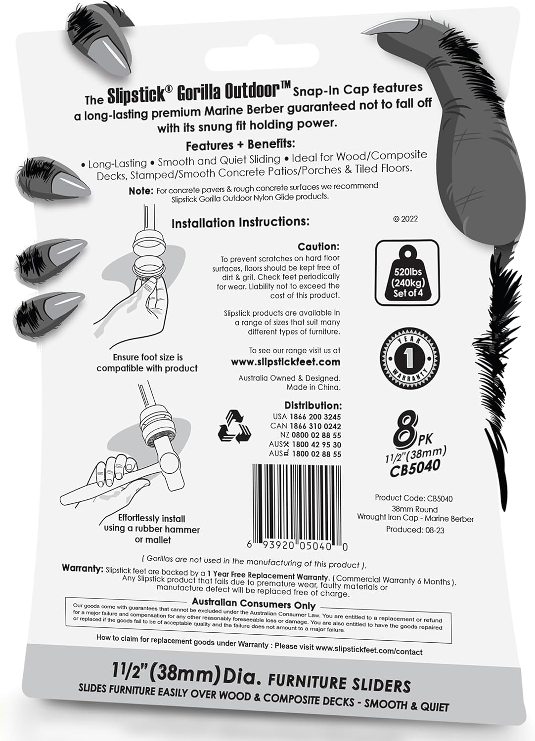 Slipstick Gorilla Outdoor 38Mm (1.5") Patio Chair Leg Caps for Wrought Iron Furniture (8 Pack) Floor Protecting Replacement Feet Glides for Metal Tables and Chairs, Marine Berber Sliders image number 3