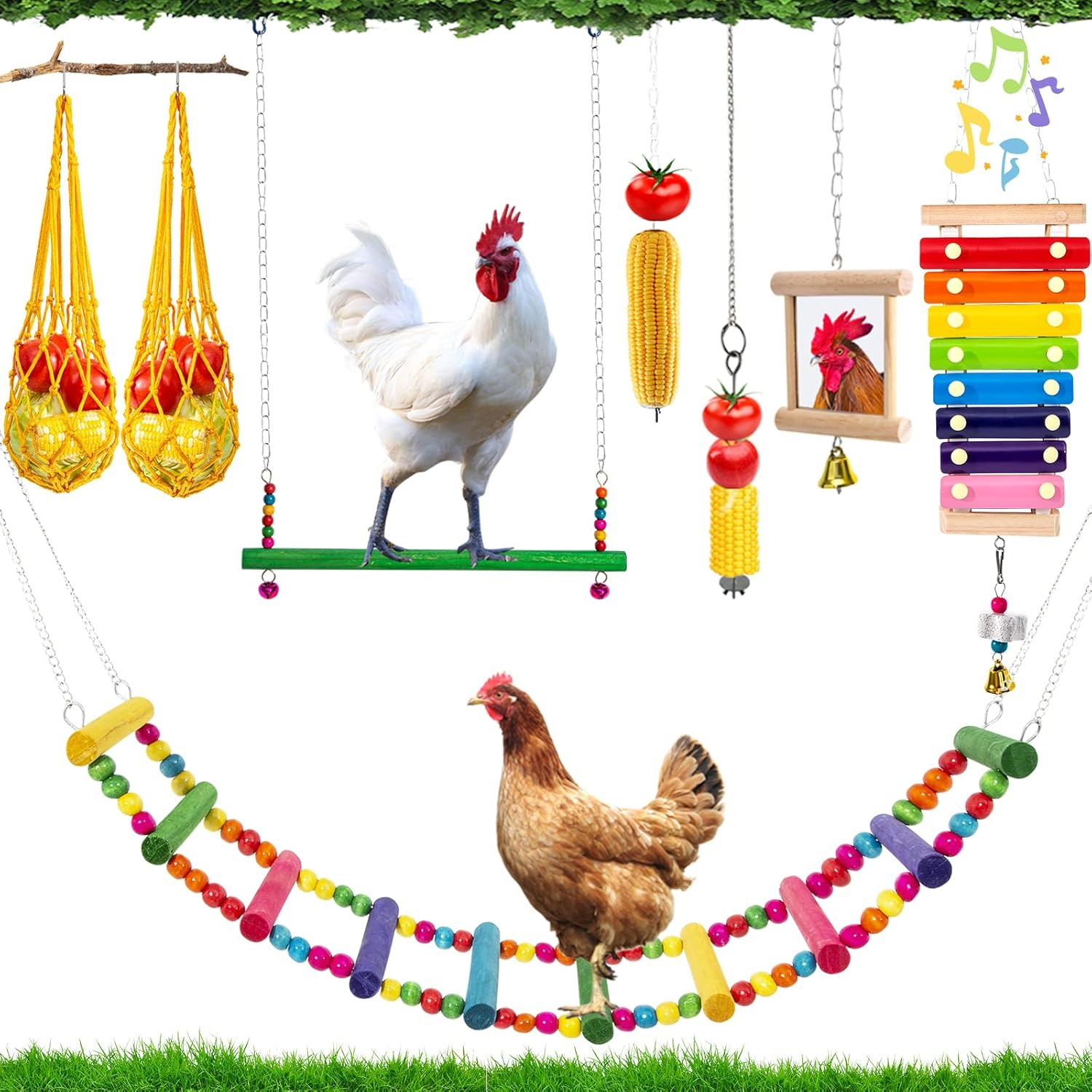 9Pcs Chicken Toys for Coop Accessories - Chicken Xylophone Toy, Chicken Mirror, Chicken Ladder Bridge, Coop Swing, Vegetable Hanging Chicken Feeder, Chewing Foraging Toys, Gifts for Hens image number 3
