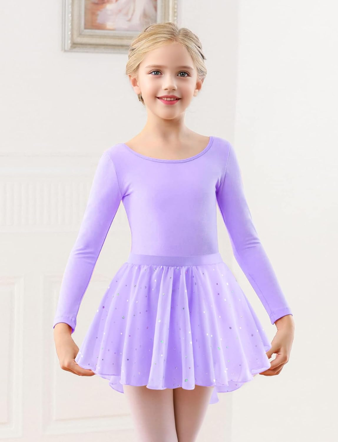 KEOYA Girls Dance Leotards Long Sleeve Ballet Outfits Dance Skirted Leotard Kids Ballet Tutu Dress for 3-11 Years image number 3