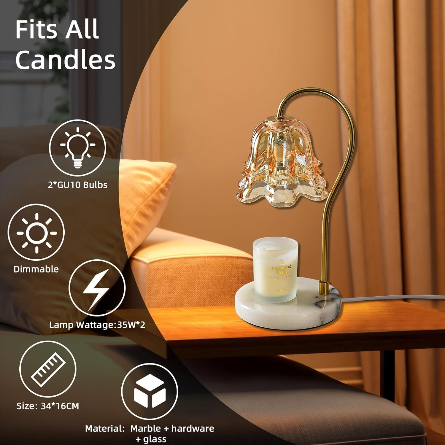 Candle Warmer Lamp, Flower Glass Candle Warmer Light, Dimmable Table Lamp, Vintage Candle Lamp with Marble Base, for Women, Mom, Female Friend, Romantic Vintage Style Gifts (Amber) image number 6