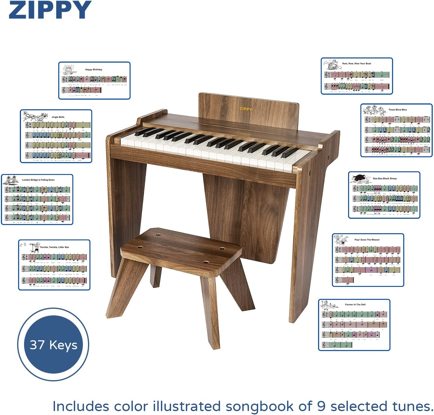 ZIPPY Kids Piano Keyboard, 37 Keys Digital Piano for Kids, Music Educational Instrument Toy, Wood Piano for 3+ Girls and Boys (Walnut Basic) - Walnut Basic image number 3