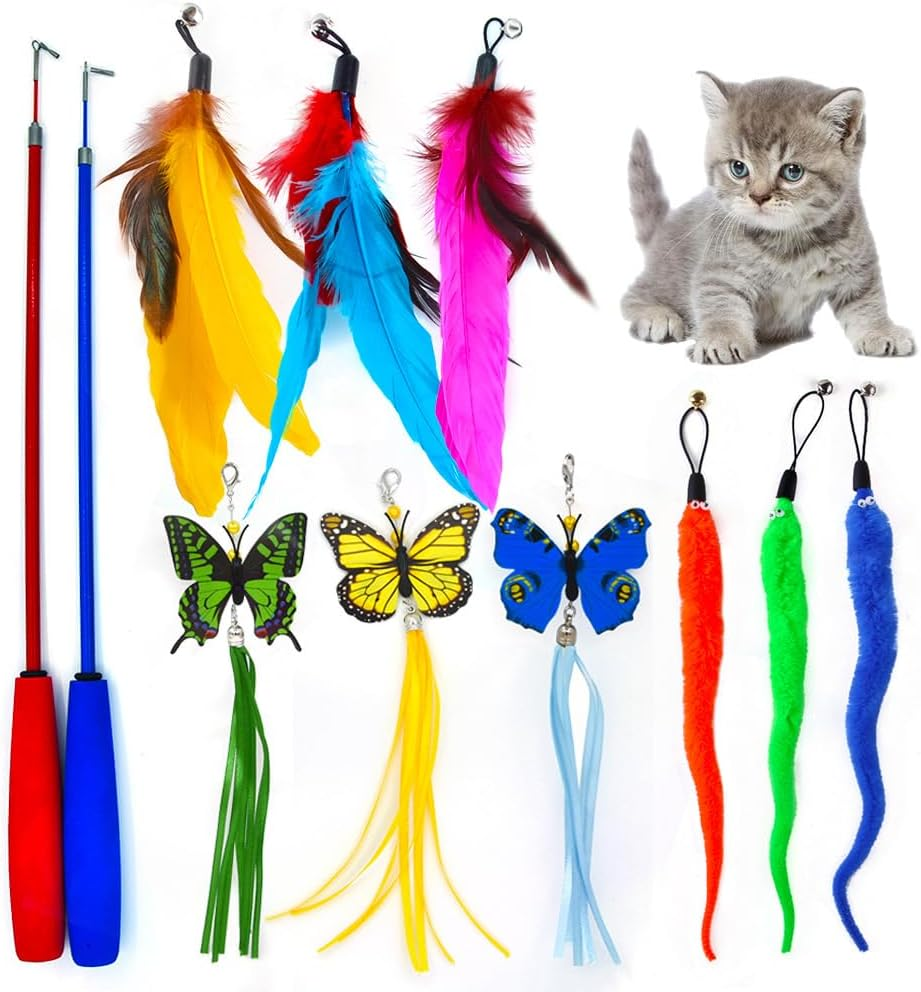 Cat Feather Toy, Retractable Cat Toys Wand, 2 Wands & 9 Replacement Butterfly and Caterpillar Refills, Interactive Feather Teaser Toy Cat Having Fun Exerciser Playing image number 2