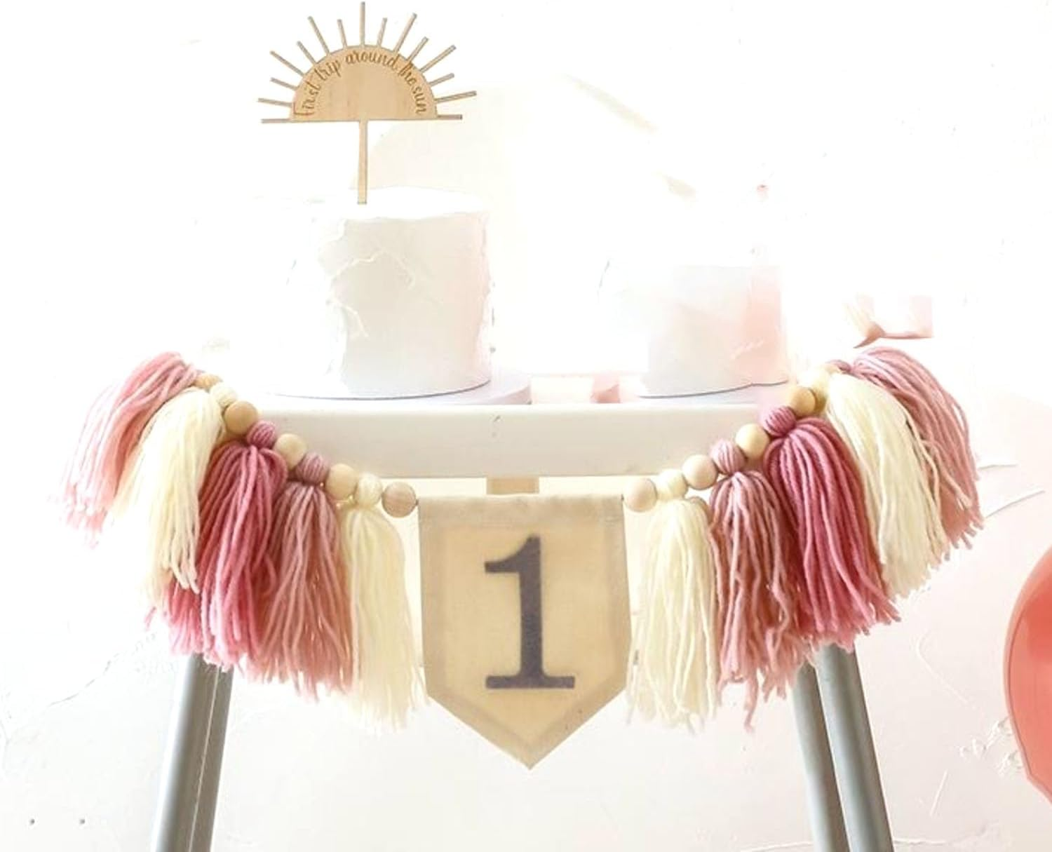 Handmade Boho 1St Birthday High Chair Banner Set, Pink First Birthday Tassel Banner Wooden One Cake Topper Party Decoration for Girl Birthday Baby Shower Photo Backdrop image number 3