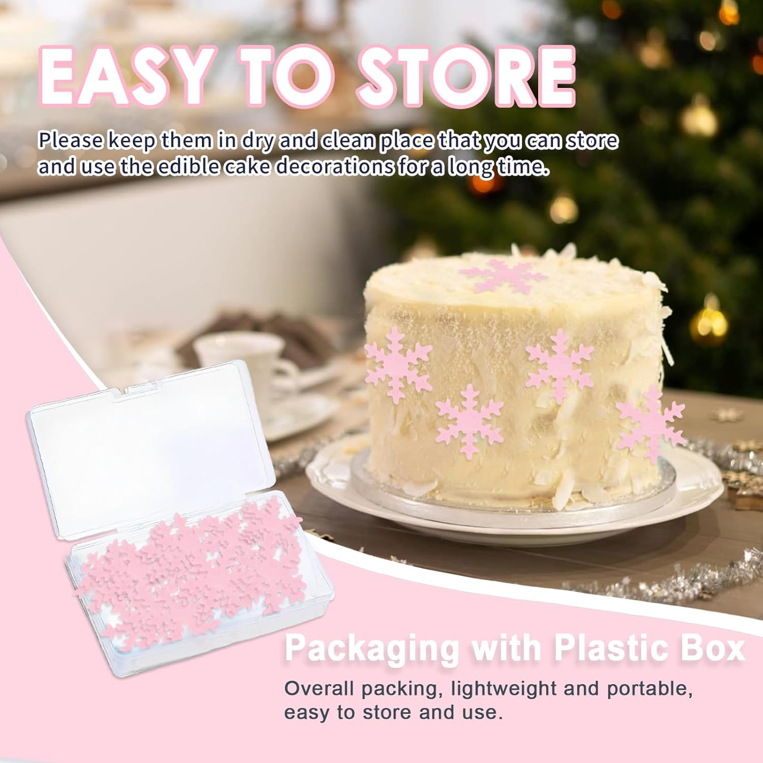 50Pcs Snowflake Cake Cupcake Topper, Edible Winter Frozen Snowflake Cake Decorations Edible Wafer Paper for Birthday Party Decor Supplies (Pink) image number 1