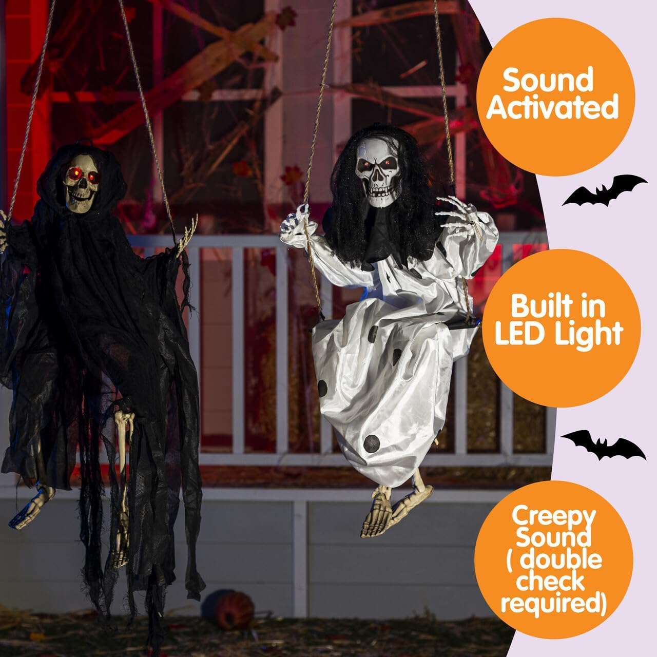 JOYIN Outdoor Halloween Decorations 2 Packs Hanging Ghosts Decor with Lighted up Eyes, 3Ft Scary Grim Reaper Swinging Skeleton Flying for Yard Patio Lawn Garden