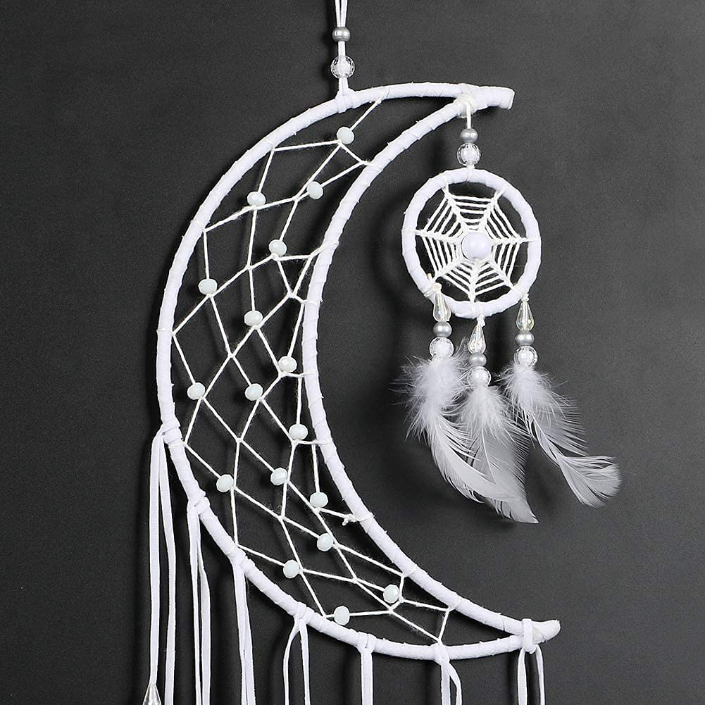 Dream Catcher Handmade Moon Design with Feathers Dreamcatcher Wall Hanging Home Decoration Ornament Christmas Festival Craft for Bedroom Living Room Outdoor(White Moon) image number 3