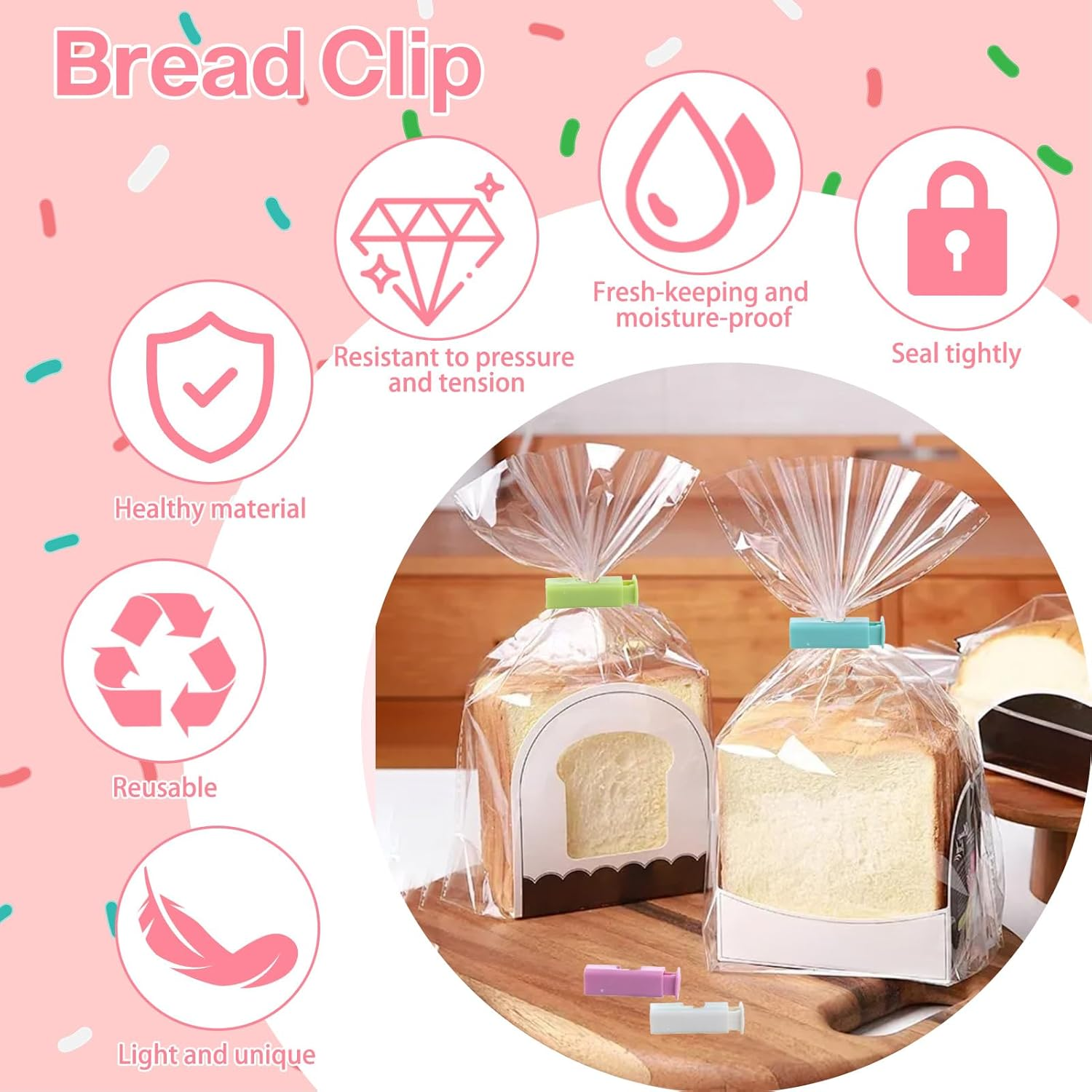 12 Pack Bread Bag Clips, Keep Food Fresh Reusable Plastic Clips for Chips, Snacks, Rice, Nuts & Beans, Easy Squeeze Lock Seal, Pantry Kitchen Picnic Storage (Multi-Color) (12) image number 4