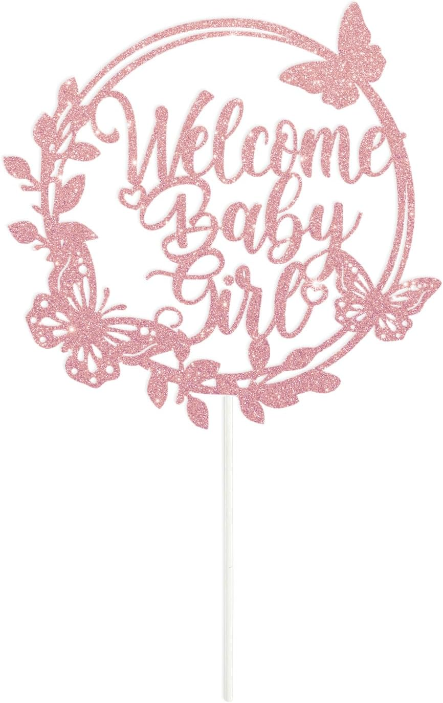 Welcome Baby Girl Cake Topper - Rose Gold Glitter Shower Decorations for Cake Decor image number 3
