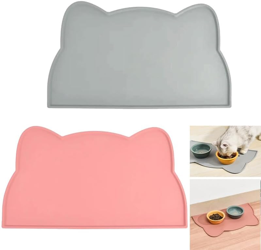 2 Pcs Cat Food Mat,Silicone Cat Feeding Mat,Pet Placemat Silicone Pet Food Mat for Floor,Waterproof Non Slip Pet Feeding Mat, Raised Edge Cat Bowl Mat to Stop Food Spills,Easy Clean,Cat Pattern image number 5