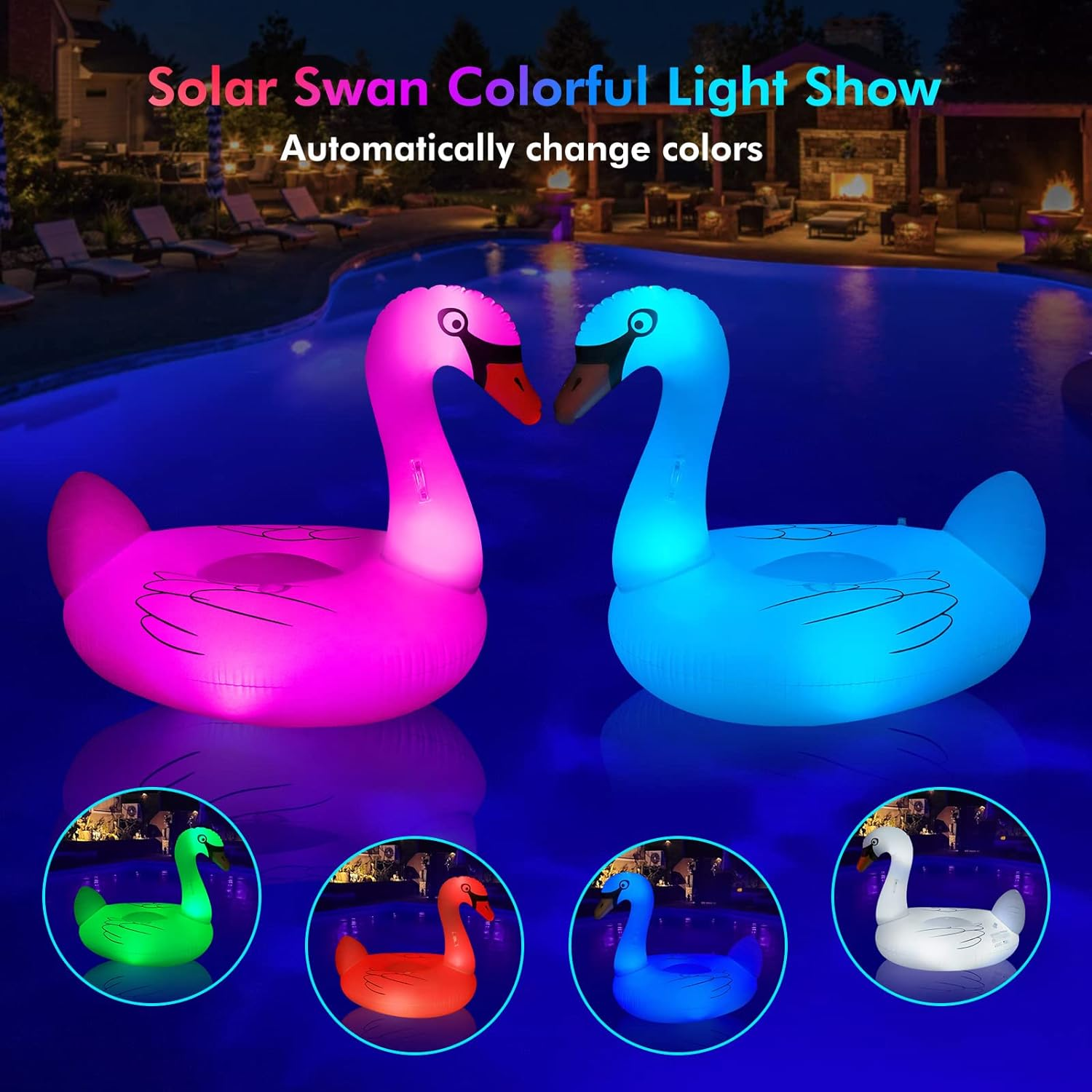 Big Flamingo Pool Floats Solar Powered Swan Pool Floats Adult W/Led Color Changing Lights, 69'' Large Inflatable Pool Floaties W/Cup Holder, Turtle Lake Float Lounger