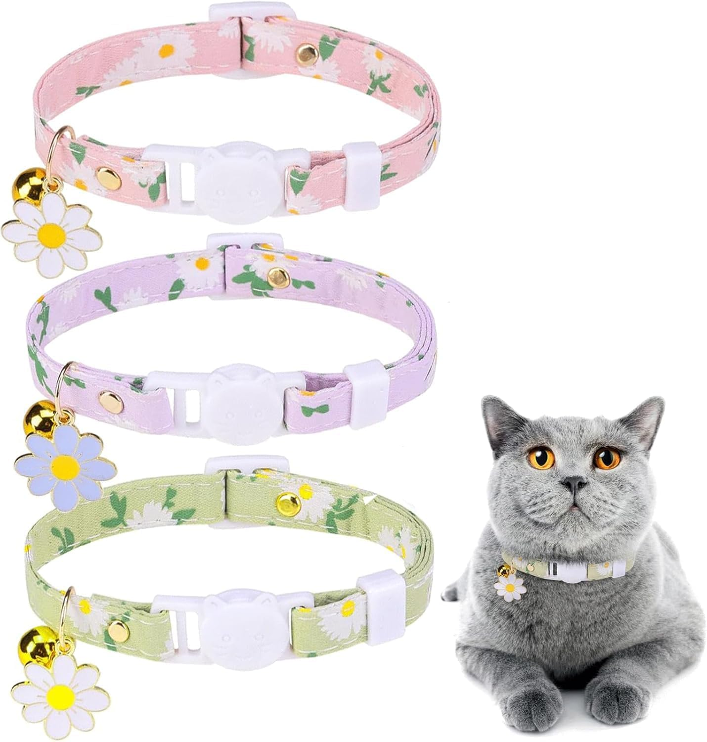 Floral Cat Collar Set with Bell and Daisy Charm, Pack of 3, Pink Purple Green image number 6