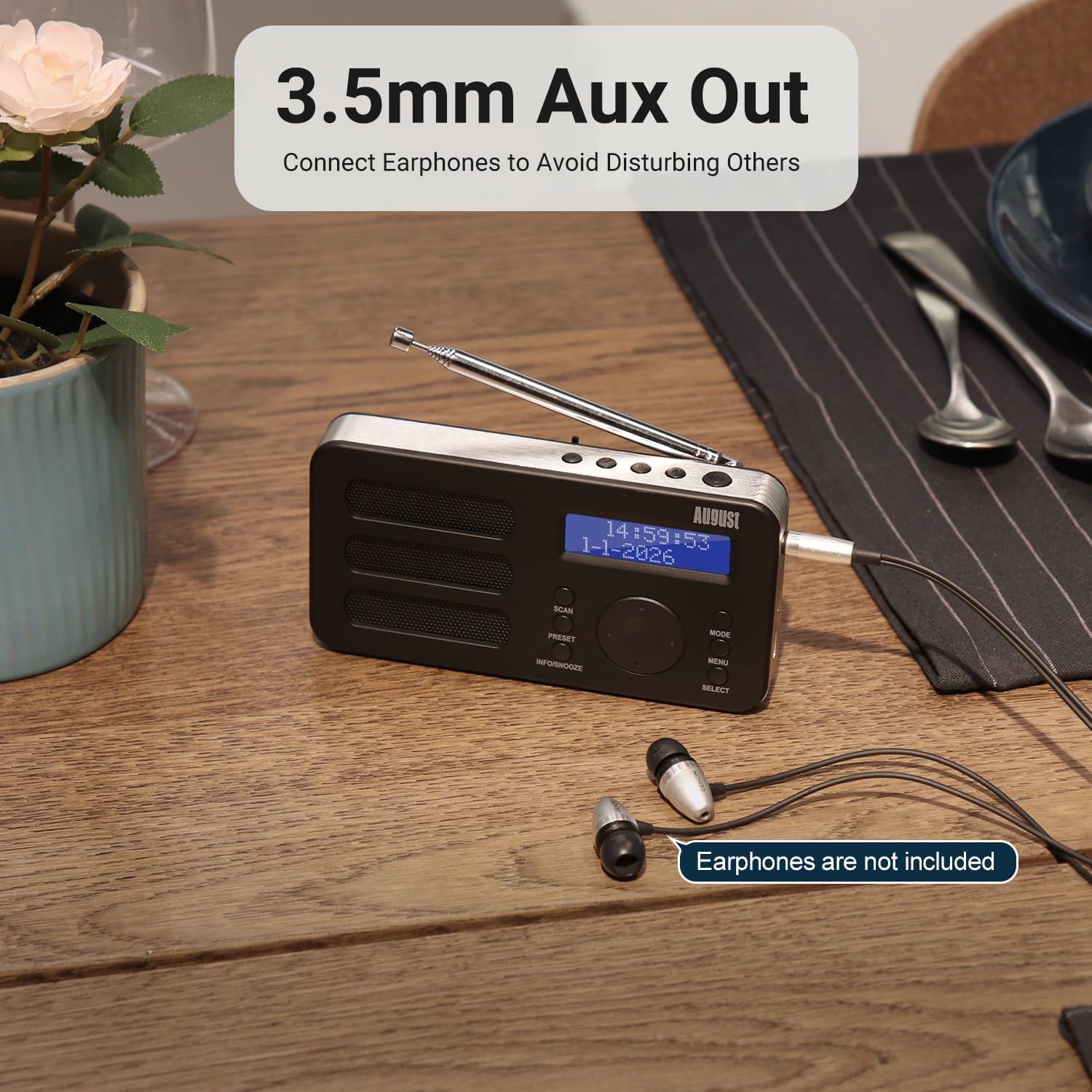 August MB225 Portable DAB Radio DAB/DAB +/FM - RDS Function, 40 Presets, Stereo/Mono Portable Digital Radio, Dual Alarm, Rechargeable Battery, Headphone Jack (Black)