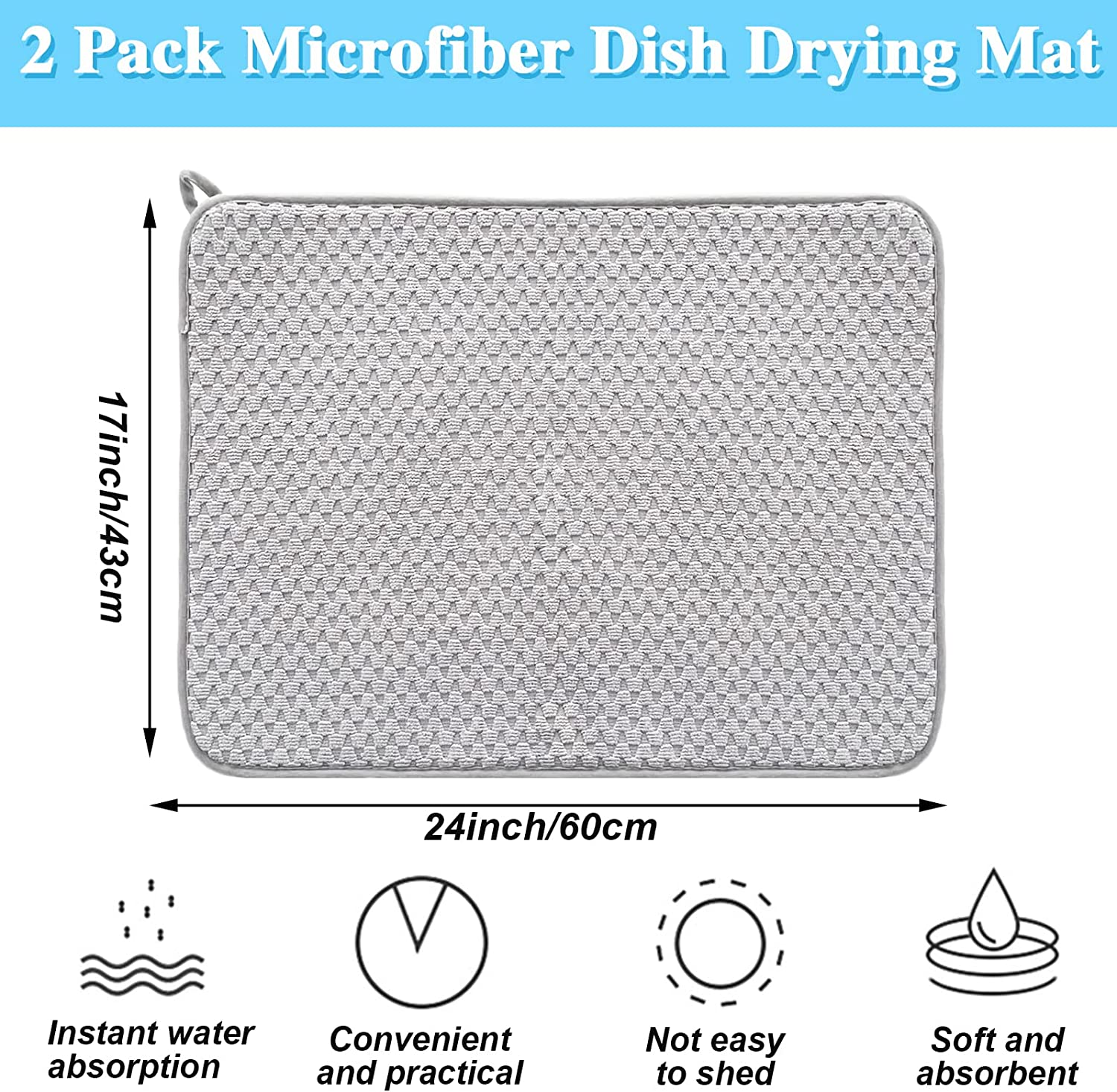 2 Pack Microfiber Dish Drying Mat,24*17 Inch Absorbent Dish Drainer Kitchen Counter,Large Size Dish Drying Pad for Countertops,Sinks,Draining Racks(Gray) image number 1