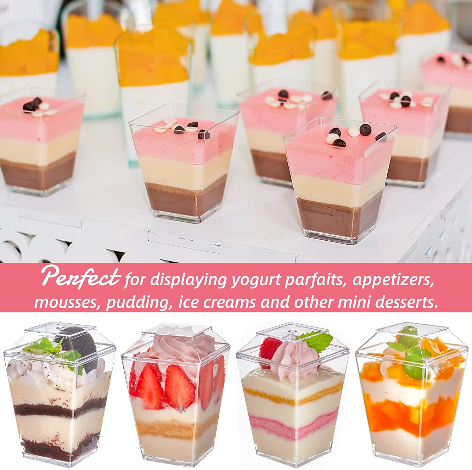 Qeirudu 50 Pack 5 Oz Square Dessert Cups with Lids and Spoons - Clear Plastic Parfait Cup, Mini Pudding Cups, Appetizer Shooter Glasses for Mousse Fruit Ice Cream image number 3