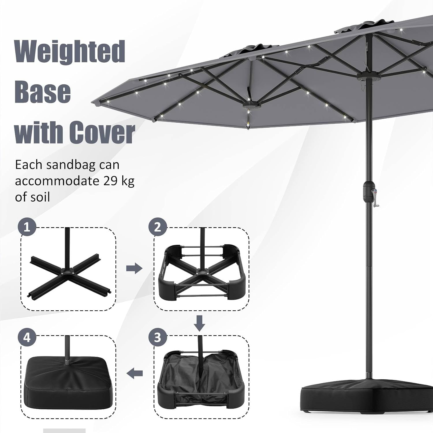 Costway 4 M Double-Sided Patio Umbrella with Base & Solar Lights, Outdoor Twin Umbrella W/ 48 LED Lights, Crank Handle, Air Vents, Oversized Rectangle Market Umbrella for Poolside Garden image number 6