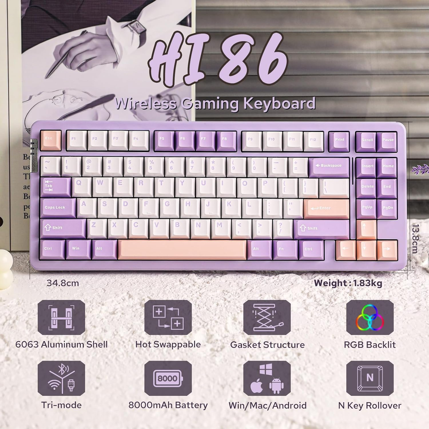 EPOMAKER X LEOBOG HI86 Wireless Gaming Keyboard, Gasket Aluminum Mechanical Keyboard with Spray-Painted Finish, Hot Swap Programmable Keyboard, RGB Backlit for Win/Mac/Gaming (Purple) image number 5