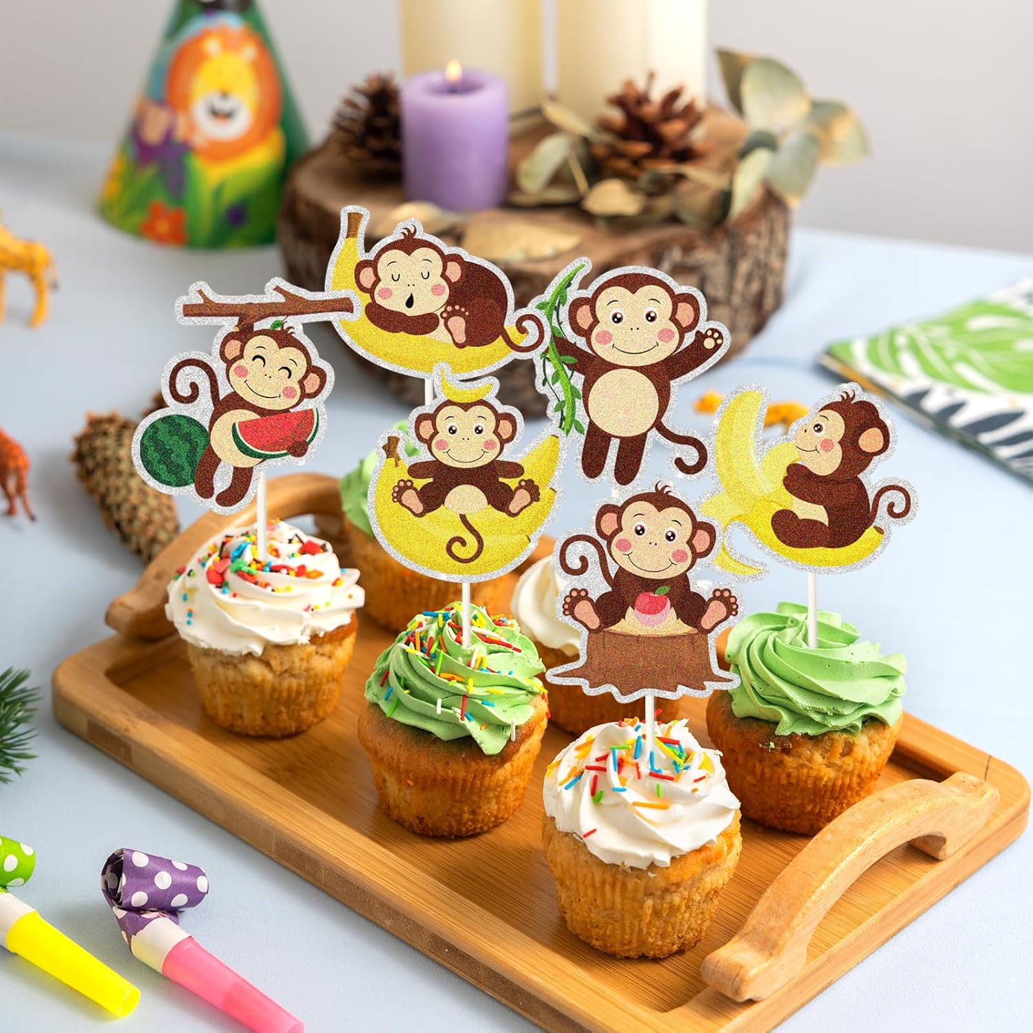 18Pcs Monkey Cupcake Toppers,Safari Jungle Cupcake Picks,Zoo Animals Theme Baby Showers Birthday Party Supplies image number 2