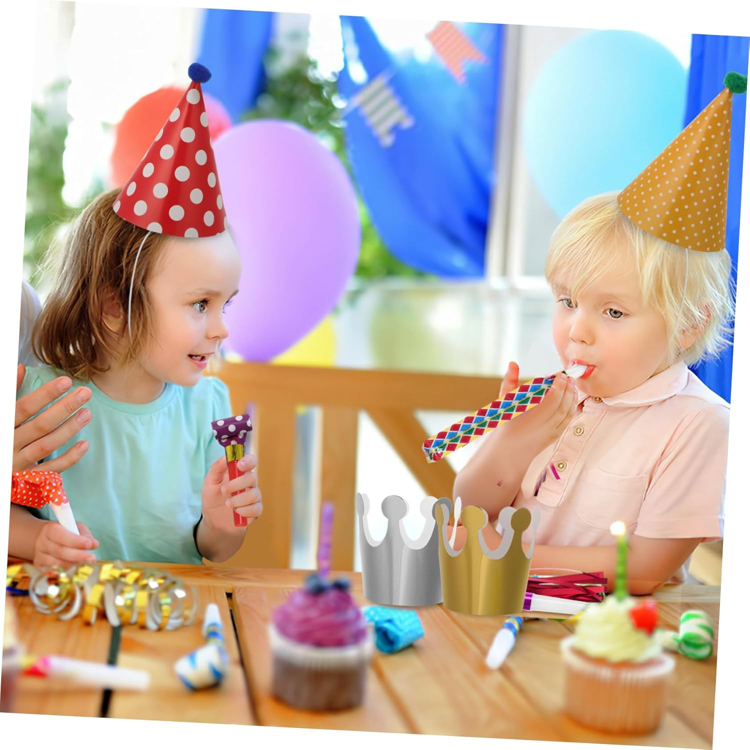 1Set Colorful Party Hats with Paper Crowns and Blowouts Cone Birthday Hats and Party Blowers for Adults Fiesta and Carnival Decorations for Birthday Parties image number 6