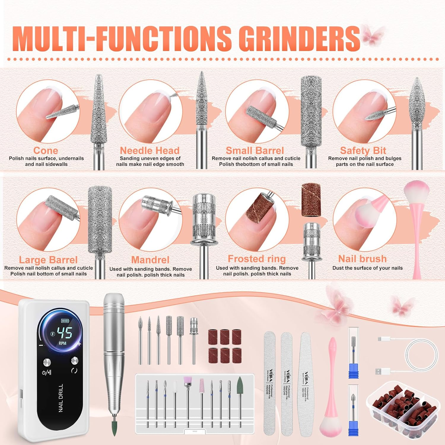 Electric Nail Cutter with 2000 Mah Battery, 45000 RPM Portable Electric Nail File with 80 Sanding Belts, 17 Bits, 2 Nail Files, 1 Nail Buffer and 1 Soft Brush, for Home Salon (White) image number 3