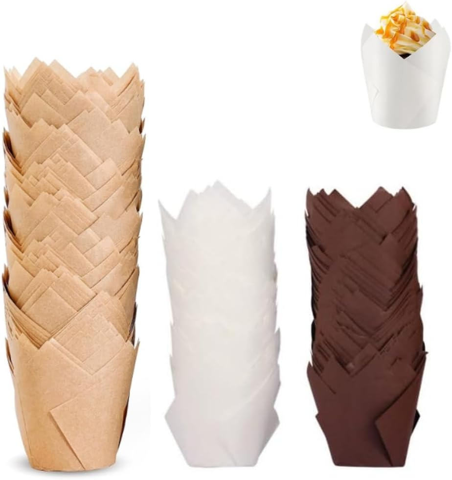 Tulip Cupcake Liners, 200Pcs Baking Paper Cups, Cupcake Muffin Liners Wrappers, Baking Cups Muffin Tins Treat Cups for Weddings, Birthdays 2Inch (Brown, Natural and White) image number 1