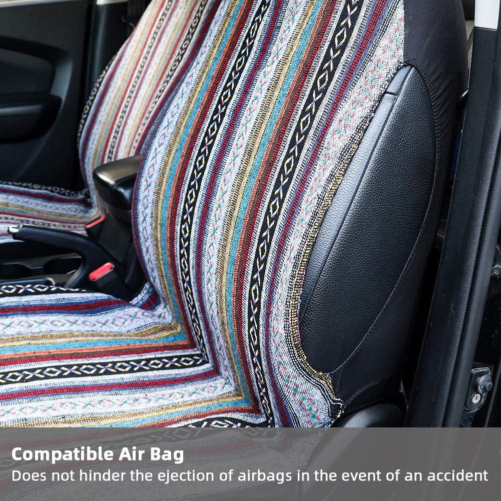 Car Seat Cover Baja Saddle Blanket 4PCS Front Striped Multicolor, Hippie Boho Seat Cover Universal Fit for Toyota, Honda, Nissan, Chevy, Rav4 Car Suvs Truck with Airbag Compatible image number 5