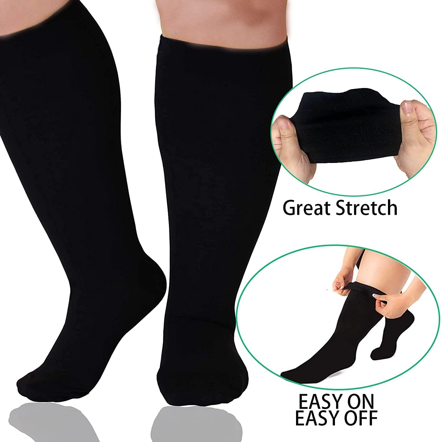 4XL Wide Calf plus Size Compression Socks 15-20 Mmhg for Fatigue, Pain, Leg Swelling, Comfy Compression, Stretch to 28 Inches / 70Cm (Black, XXXXL) image number 2