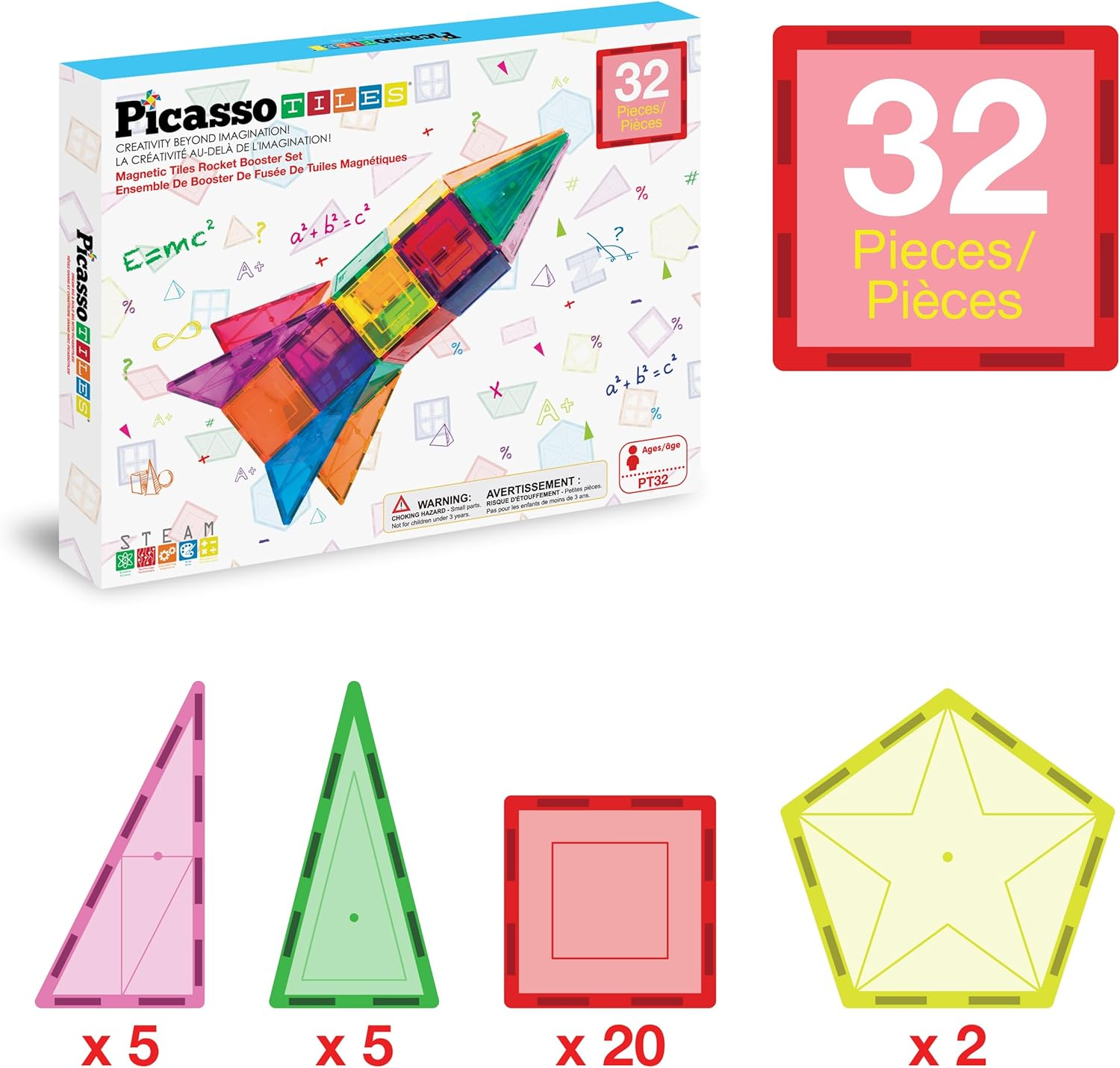 Picassotiles 32 Piece Magnetic Building Block Rocket Booster Theme Set Magnet Construction Toy Educational Kit Engineering STEM Learning Playset Child Brain Development Stacking Blocks Playboard PT32 image number 2