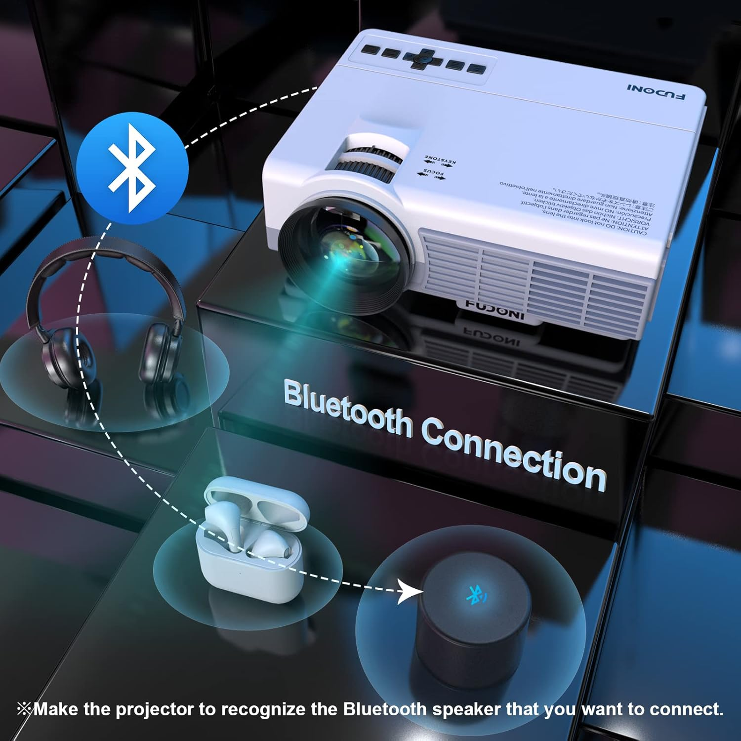 Projector, Mini Projector Bluetooth with 5G Wifi Native 1080P 9500L 4K Supported, FUDONI Portable Projector with Screen for Home Theater, Compatible with HDMI/USB/PC/TV Box/Ios and Android Phone