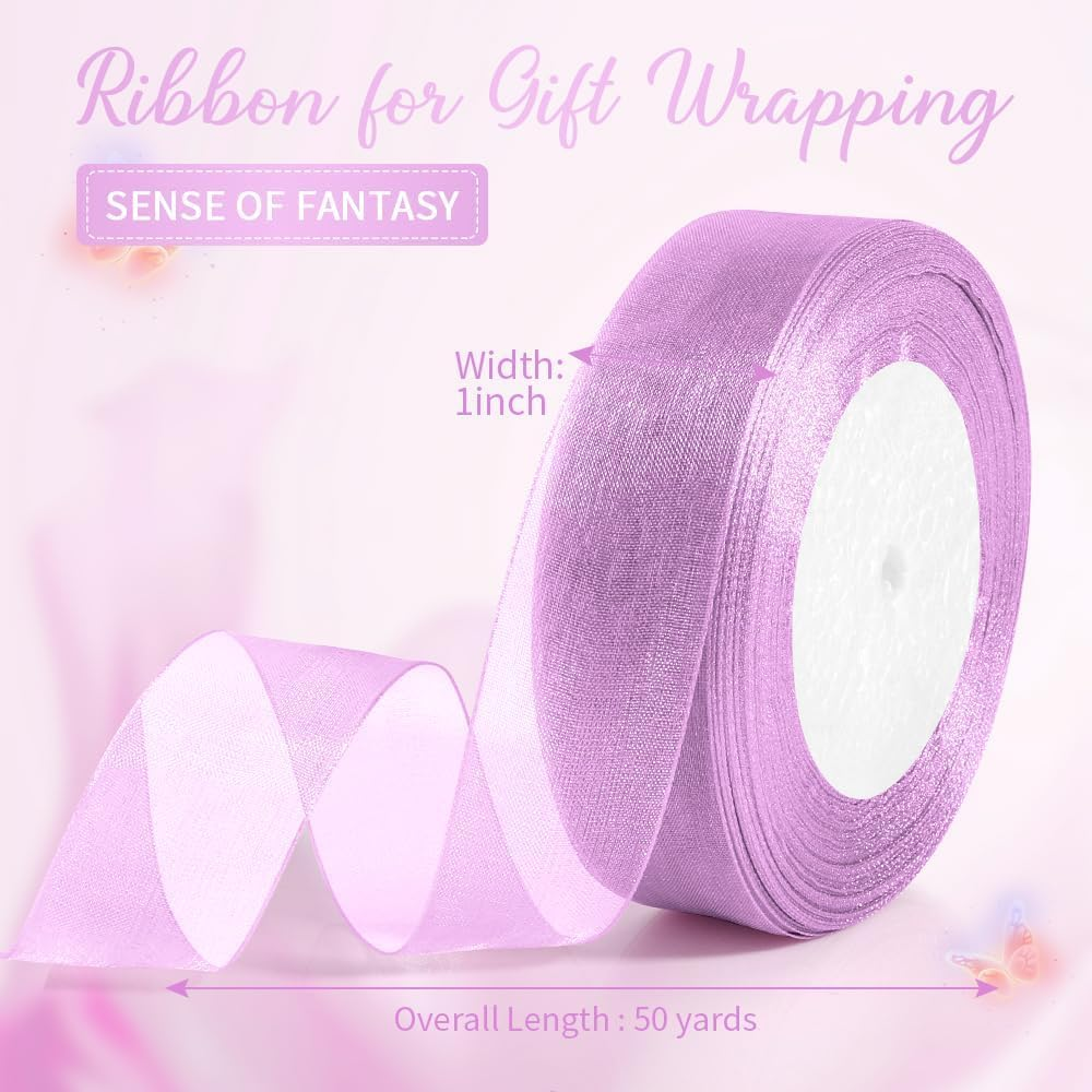 Purple Ribbon for Gift Wrapping - 1 Inch 50 Yards Light Purple Sheer Tulle for Crafts, Flower Bouquet, Holiday, Candy, Presents and Hair - Thin Gift Ribbon image number 1