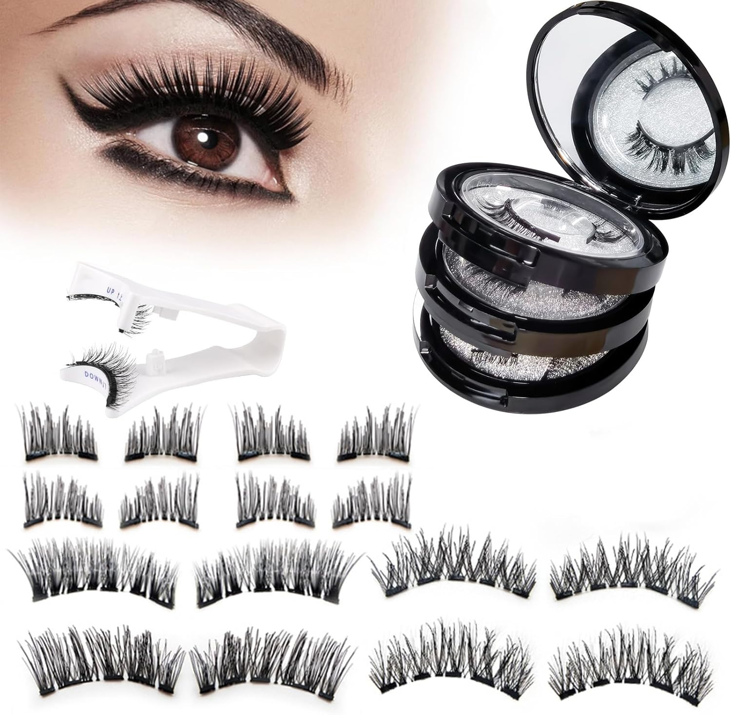 3 Style Magnetic Eyelashes, No Glue Needed Magnetic Lashes Natural Look, Reusable Lash Cluster Kit with Auxiliary Clip and Storage Box, Long Lasting Waterproof False Eyelashes for Girls Women