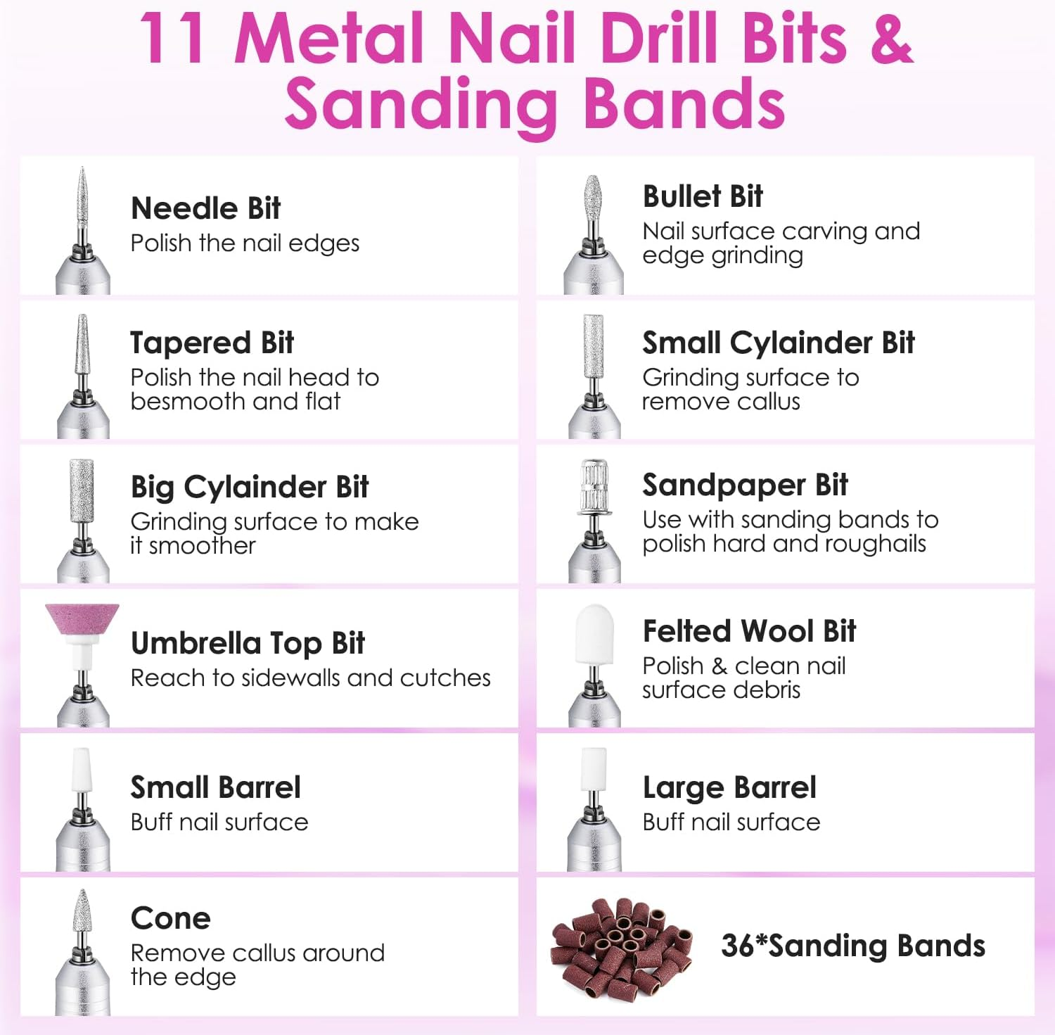 AUTOWT Portable Electric Nail Drill Professional with LED Display, Rechargeable 45000RPM Electric Nail File with 11 Nail Drill Bits, Low Noise, Low Vibration for Manicure Pedicure Salon Home (Pink) image number 4