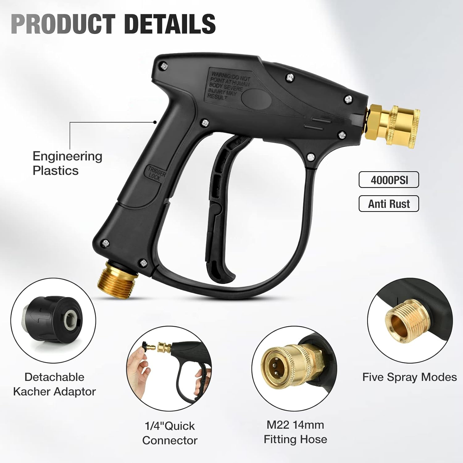 Short Pressure Washer Gun: 4350 PSI High Power Washer Spay Gun with 5 Nozzle Tips, Compatible with 1/4 Outlet Connect Nozzles for Car Wash, Garden, Pool & Home Cleaning Tools image number 3
