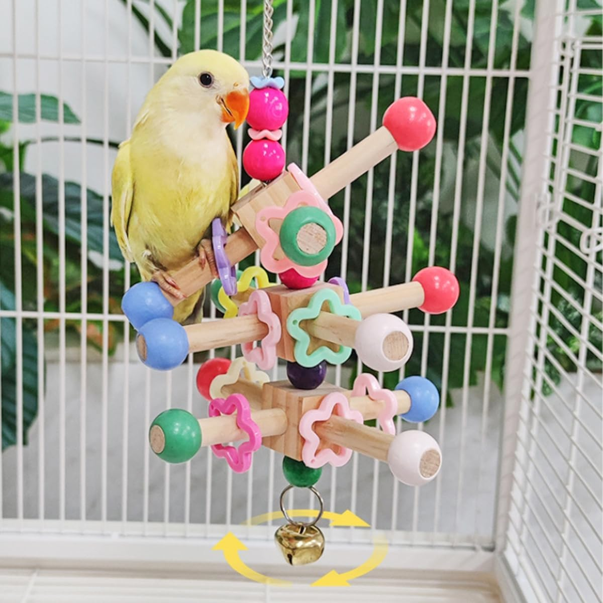 Bird Wooden Stand Perch Toys, Interactive Rotatable Parrot Chewing Toys with Bead Colorful Bell for Birds Parakeet Climb and Play image number 6