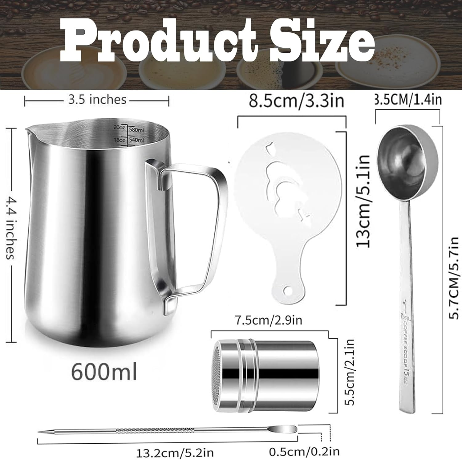 Milk Frothing Pitcher,20Oz/600Ml Milk Frother Cup Set,Stainless Steel Espresso Milk Steaming Pitcher,Stainless Steel Powder Shaker with Lid,16Pieces Coffee Decorating Stencils,Decorating Art Pen image number 5