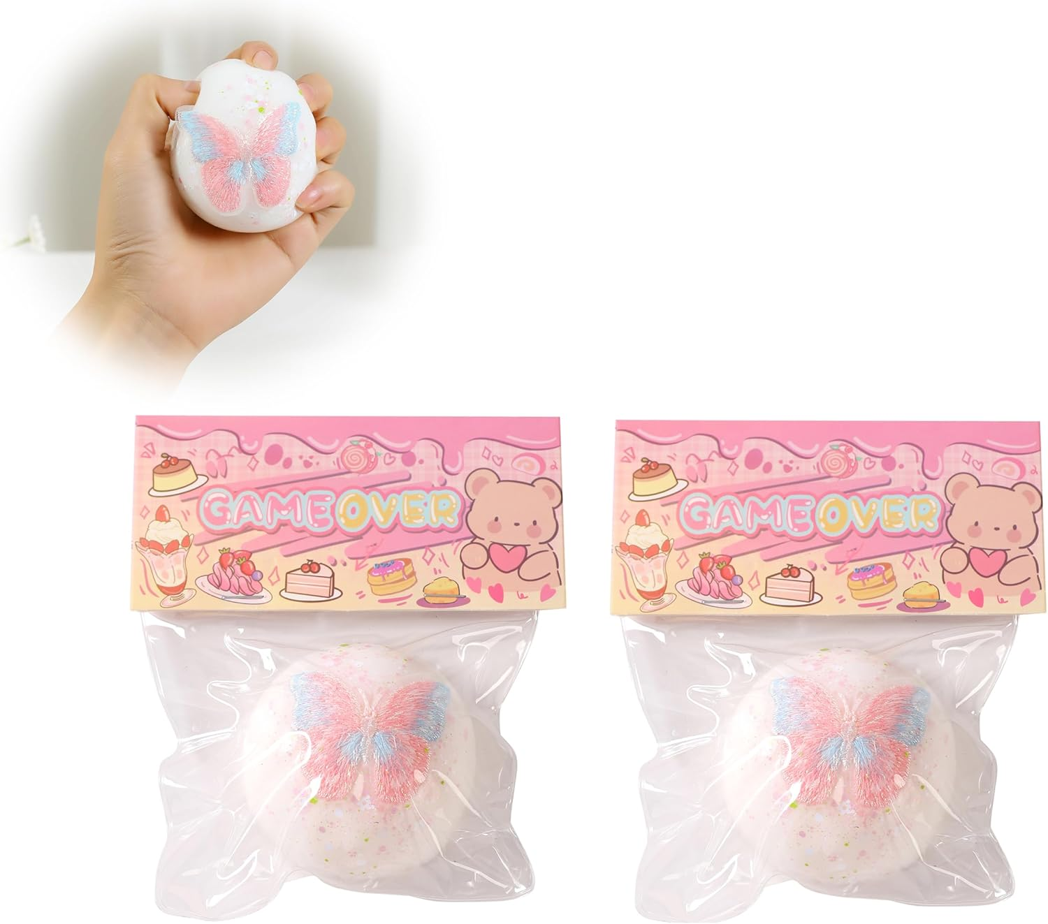 2PCS Taba Squishy Daifuku Squeeze Toys,Sensory Fidget Toy for Your Best Mellow and Chill,Birthday Gift, Squishy Toys for Kids Teenage (Butterfly White-2Pcs)