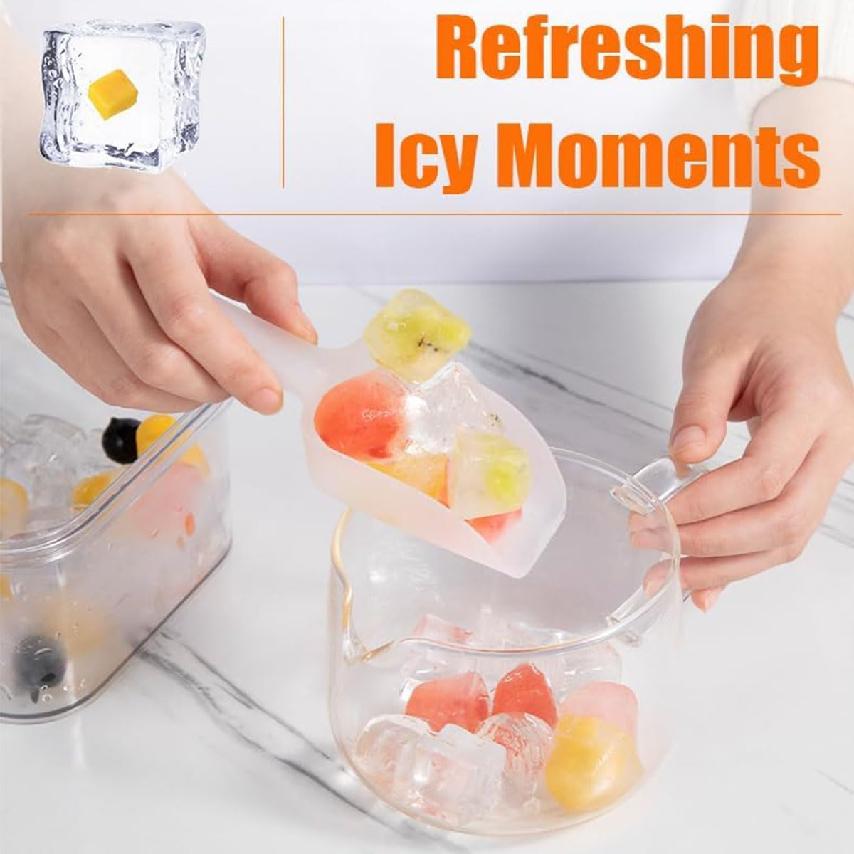 Ice Cube Tray with Lid and Bin, 28 Pcs Ice Trays for Freezer, Food Grade Plastic Ice Cube Mold, Easy Release & Stackable Ice Contrainer with Ice Scoop, for Drinks, Cocktail and Food Fresh (Blue) image number 3