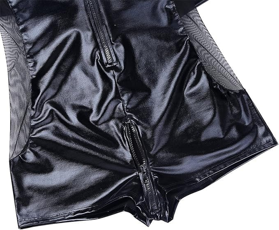 Men'S One Piece Faux Leather Leotard Bodysuit Catsuit Side Mesh Front Zipper Clubwear Costume image number 1