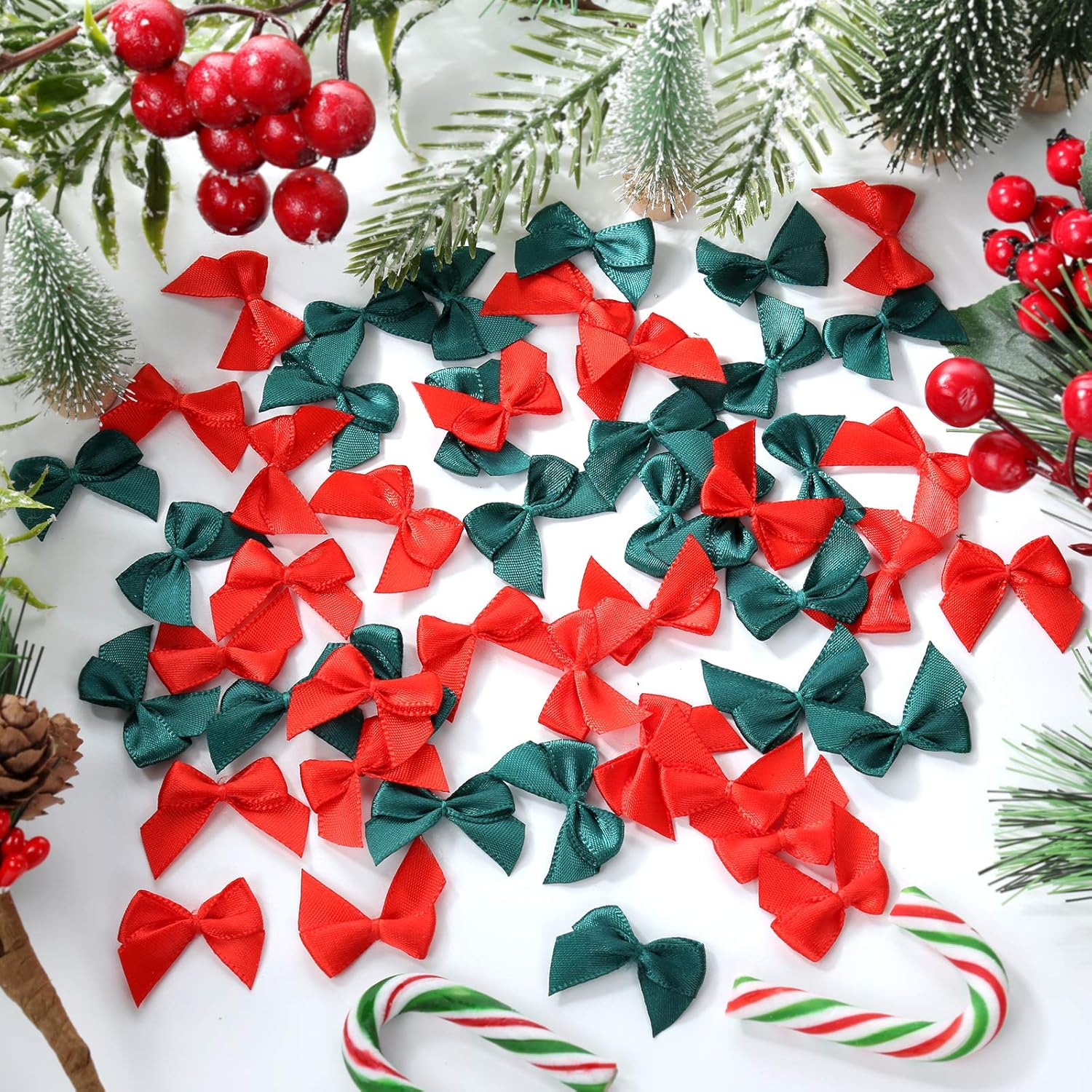 150Pcs Mini Bows Red and Green for Christmas Tree Decoration, Wrapping Crafts, and Home Decoration - Black image number 7