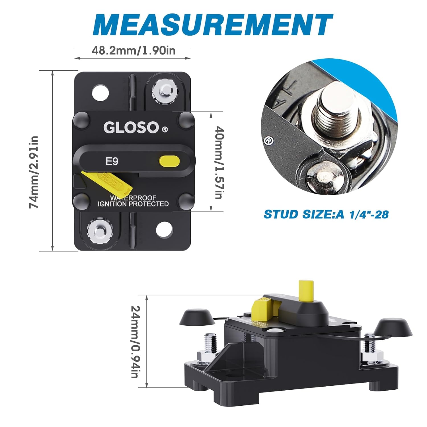 GLOSO E99 Waterproof Circuit Breaker 12V-48V DC Extended Surface Mount Manual Reset High-Amp for Marine RV Truck (50A)